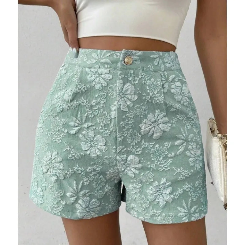 Women's Retro Jacquard High Waist Straight Shorts Summer Breathable Street Casual Hot Pants Versatile Bottoms for Daily Vacation