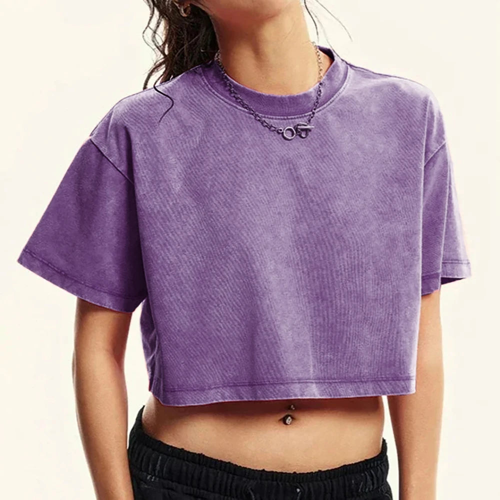 Solid Slim Washed T-Shirt Female Rhinestone Craft Cotton Streetwear Casual Sport Short Sleeve Cool Retro Crop Clothing For Women