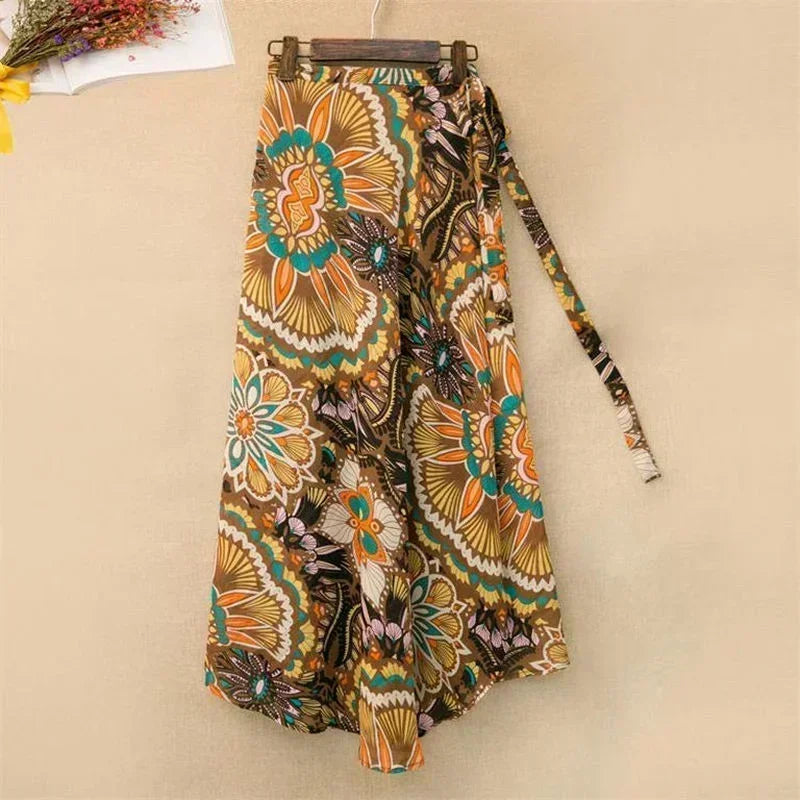 Wrap Skirts Women Casual Chiffon Tie-Waist Ruffle Wide Leg Loose One Piece Split Print Holiday Bodycon Skirt Women