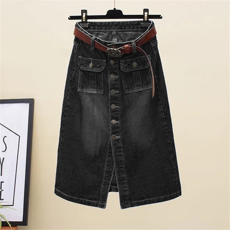 2026 Women Spring Autumn New Front Split Denim Sheath Skirts Female Single-Breasted Midi Skirts Ladies High Waist Pencil Skirts