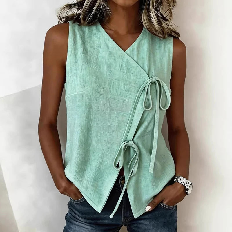 New Fashion Knot Vest Women Tank Tops V Neck Sleeveless Women T-Shirts Blue Loose Tee Tops Summer Casual T Shirt Women Pullovers