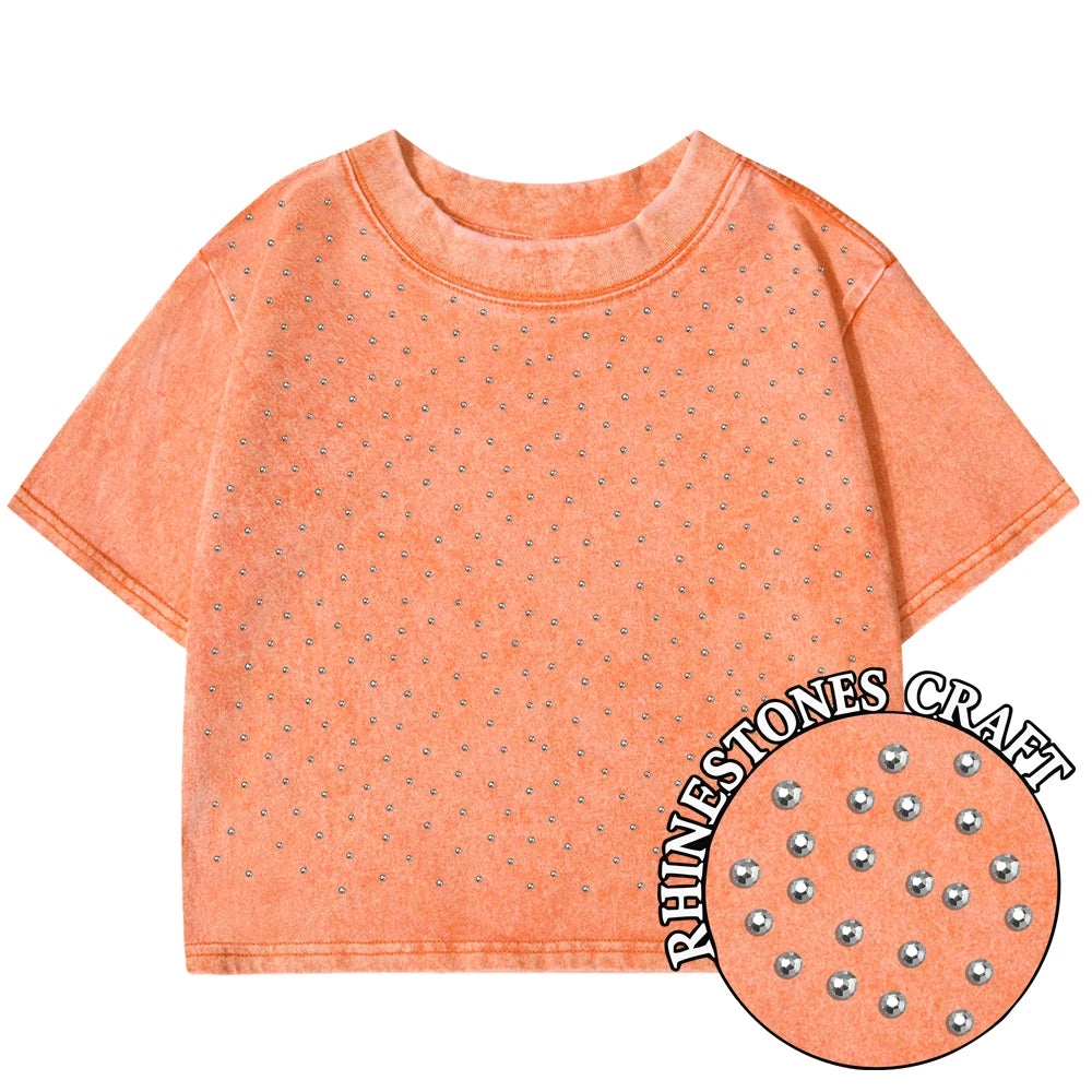 Solid Slim Washed T-Shirt Female Rhinestone Craft Cotton Streetwear Casual Sport Short Sleeve Cool Retro Crop Clothing For Women