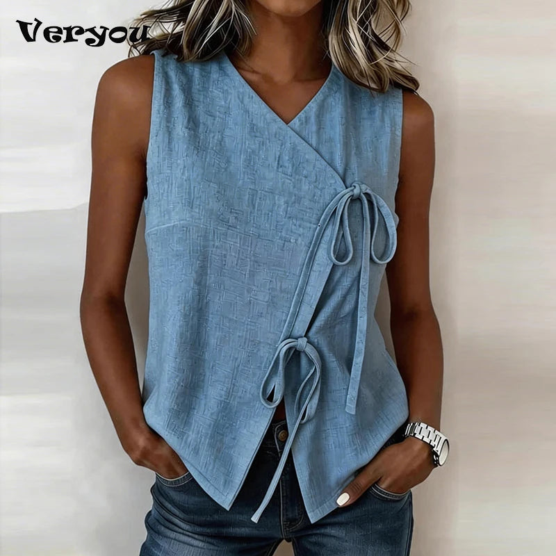 New Fashion Knot Vest Women Tank Tops V Neck Sleeveless Women T-Shirts Blue Loose Tee Tops Summer Casual T Shirt Women Pullovers