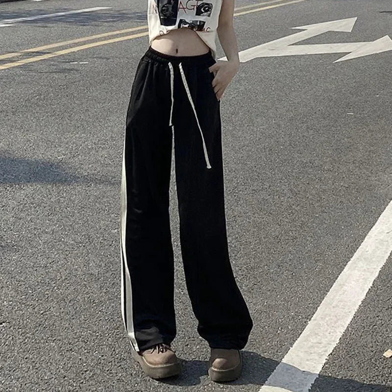 Lady Chic Designer High Waisted Pants Girls Korean Patchwork Baggy Straight Leg Trousers Female Comfortable Daily Pants