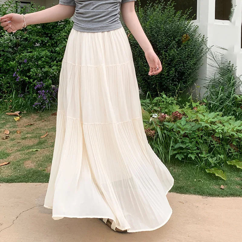 Summer New Purple Chiffon Skirts Women 2026 Streetwear High Waist Slimming Long Skirts Fairy Sheer Spliced A-line Pleated Skirt