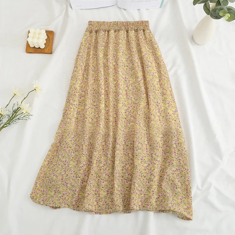 Summer Skirts Womens Vintage Floral Printed Chiffon Skirts Elastic High Waist Casual Midi A-Line Beach Skirts