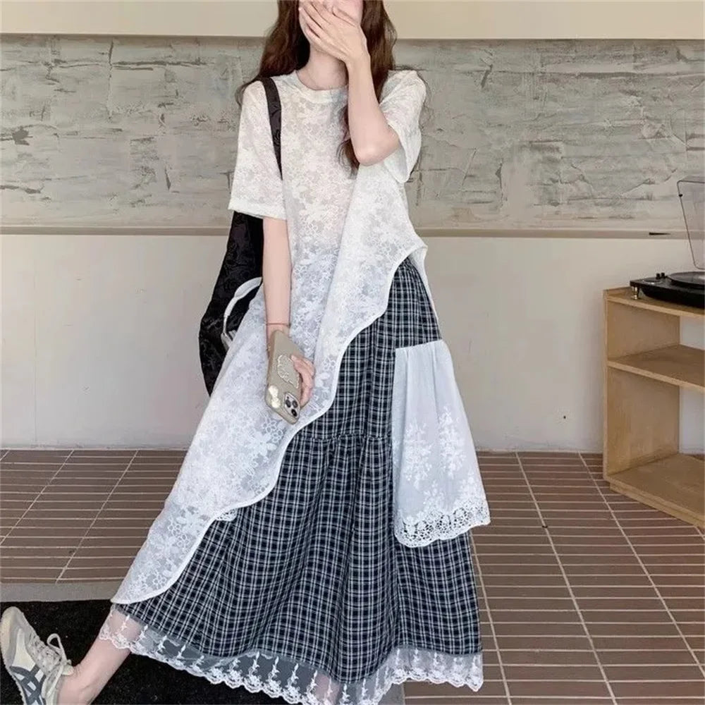 Retro Plaid Pleated Skirt Lace Patchwork Irregular Patchwork Long Skirts Women Students Casual Loose High Waist Sweet Skirts