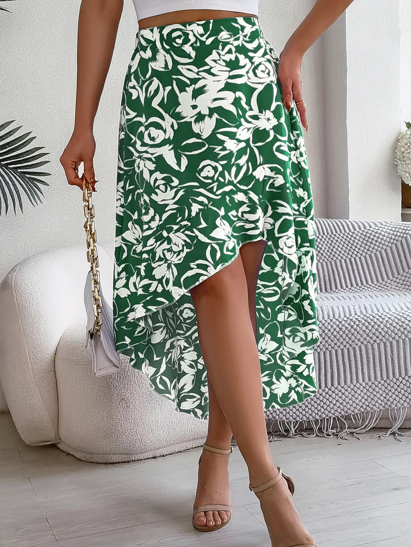 Spring Summer Elegant Flower Print Asymmetric Ruffle Edge Skirt Contrasting Colors Skirts for Women 2026 Fashion Dresses Pink
