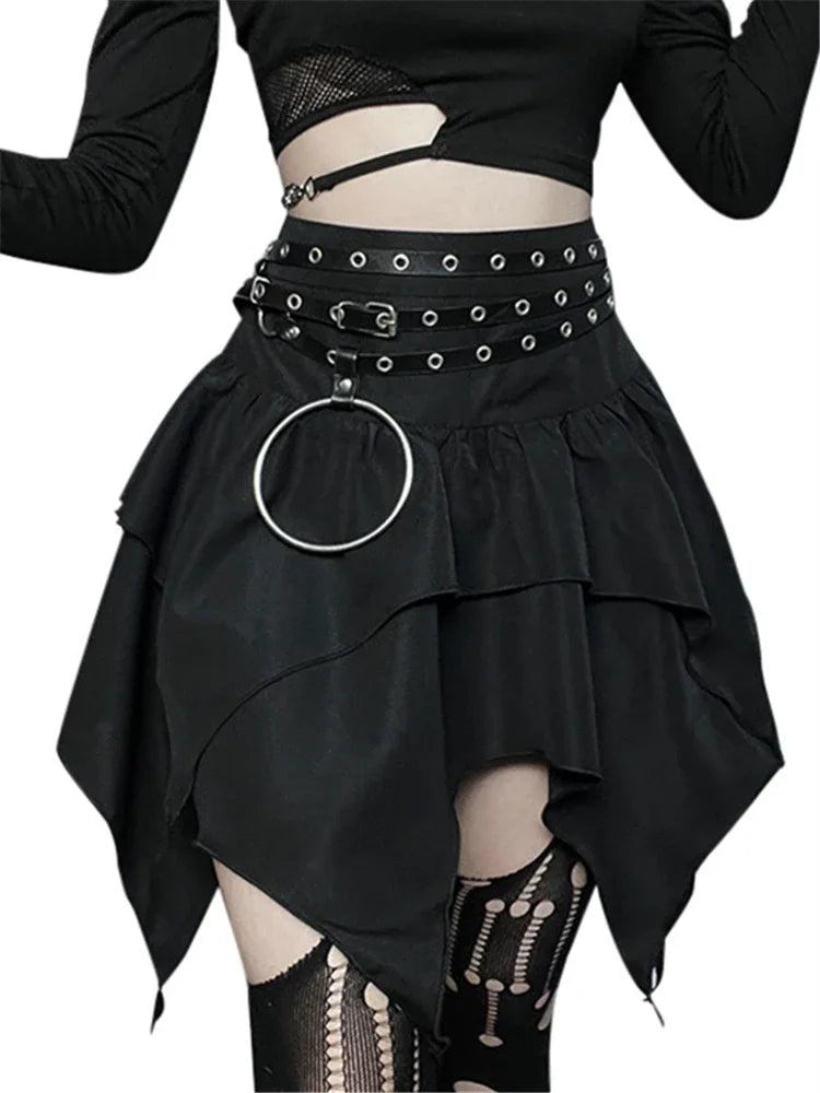 Gothic Punk Irregular Skirts New Sexy Women Solid Color Drawstring Tie-Up Ruched Ruffles Mini Skirt Summer Fashion Short Skirts