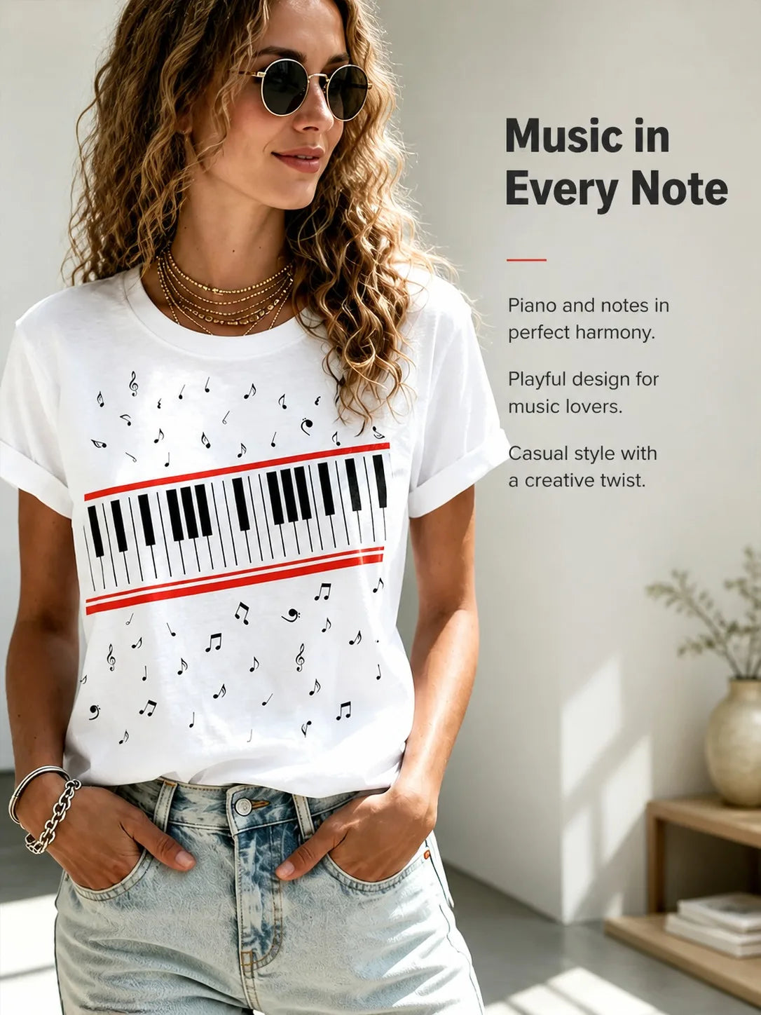 Ilstile Women's   Piano  Music Notes Print T-Shirts Summer Short Sleeve Casual Round Neck Tops  Retro Fan Favorite Tees NEW