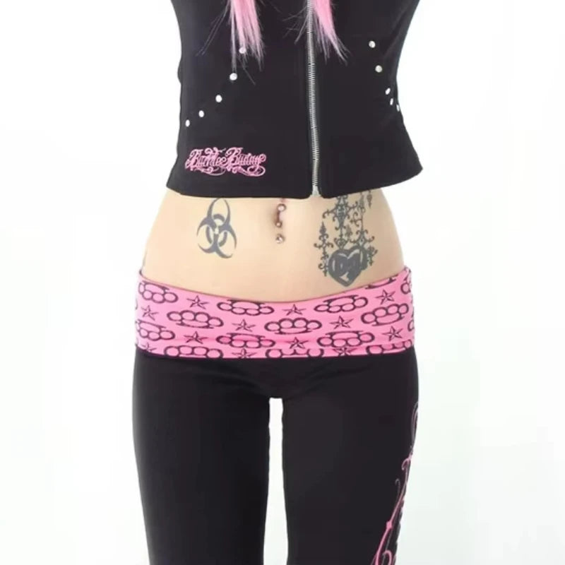 Dark Punk Gothic Street Fashion Y2K Black And Pink Contrast Casual Pants Retro Letter Printing Decorative Slim Pants Side Pants
