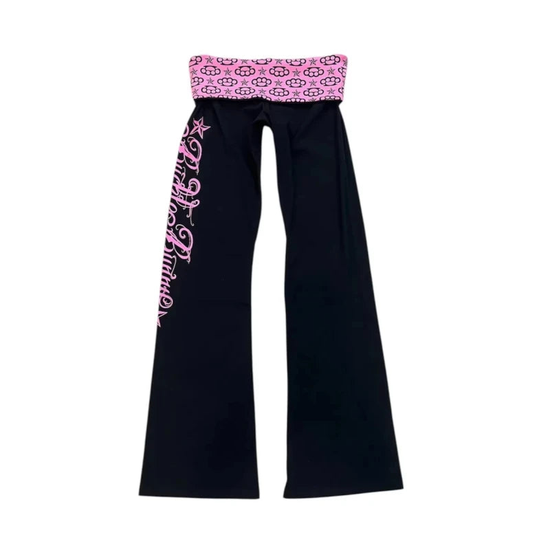 Dark Punk Gothic Street Fashion Y2K Black And Pink Contrast Casual Pants Retro Letter Printing Decorative Slim Pants Side Pants