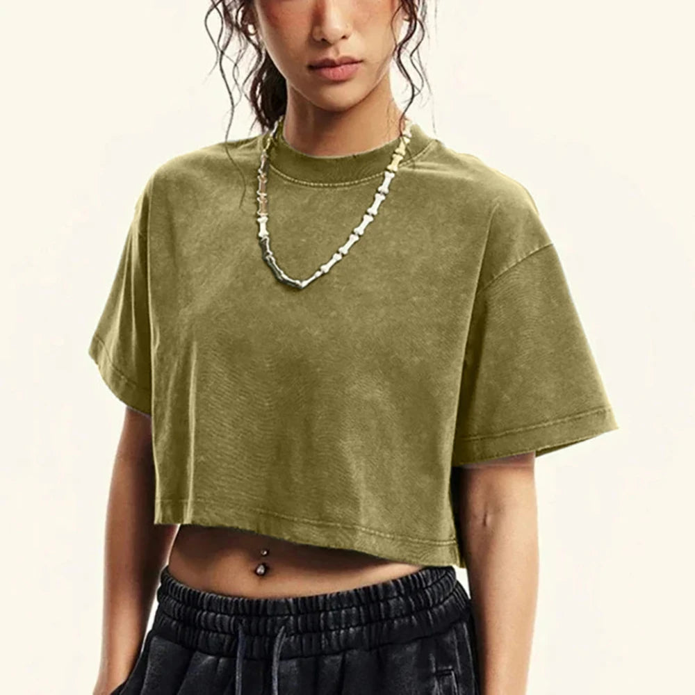 Solid Slim Washed T-Shirt Female Rhinestone Craft Cotton Streetwear Casual Sport Short Sleeve Cool Retro Crop Clothing For Women