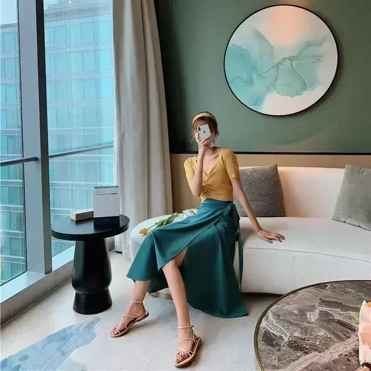Wrap Skirts Women Casual Chiffon Tie-Waist Ruffle Wide Leg Loose One Piece Split Print Holiday Bodycon Skirt Women