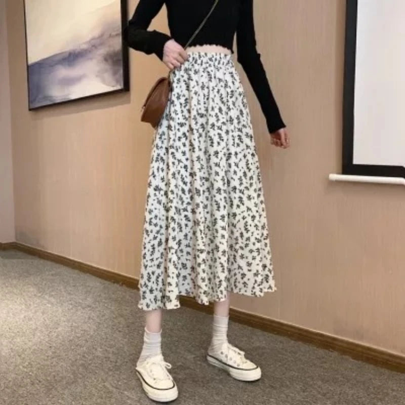 2026 Spring Summer New Mid-Length Chiffon Floral Women's Skirt Korean Style High Waist Black A-Line Skirts