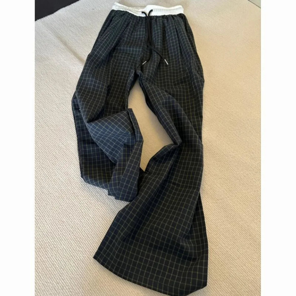 Summer Black Checkered Loose Wide Leg Summer Casual and Stylish Pants for Women Elastic Waistband Drawstring Straight Leg Pants