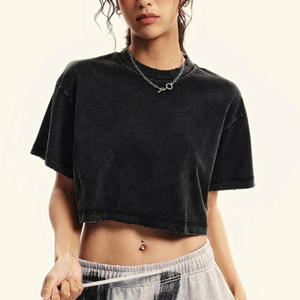 Solid Slim Washed T-Shirt Female Rhinestone Craft Cotton Streetwear Casual Sport Short Sleeve Cool Retro Crop Clothing For Women