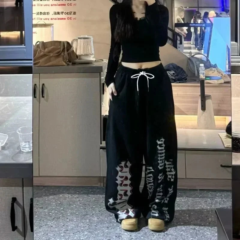 Retro Y2K Wide Leg Track Pants for Women Casual Street Dance Baggy Joggers Sweatpants Trendy 2025 Print Letter Design Versatile