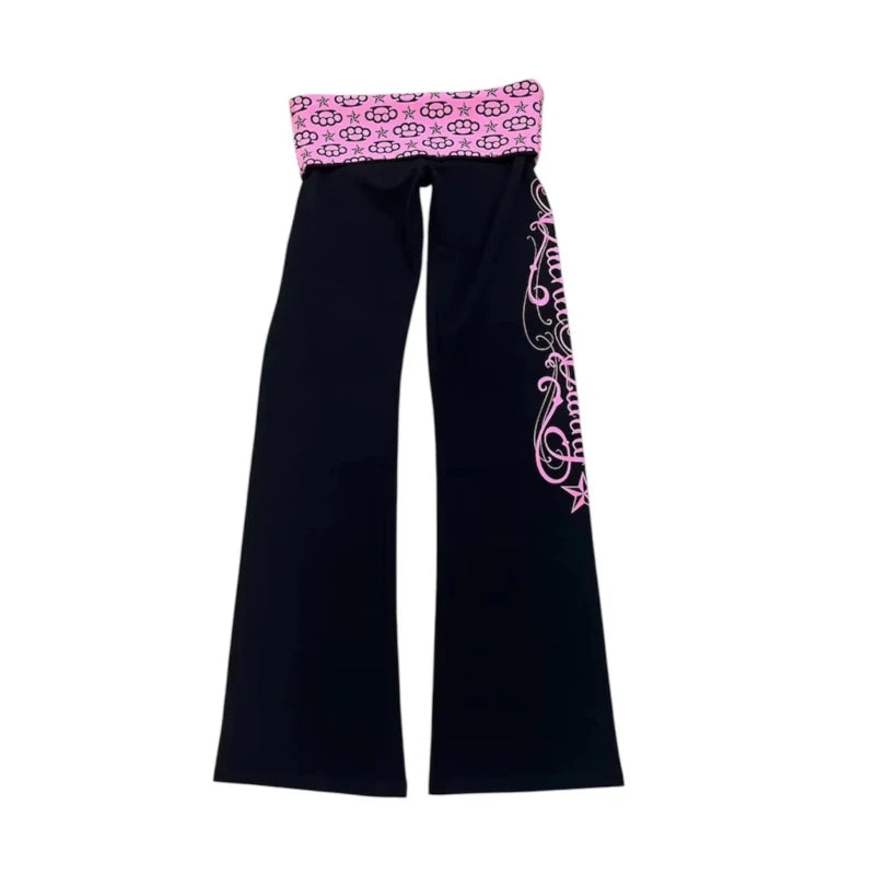 Dark Punk Gothic Street Fashion Y2K Black And Pink Contrast Casual Pants Retro Letter Printing Decorative Slim Pants Side Pants