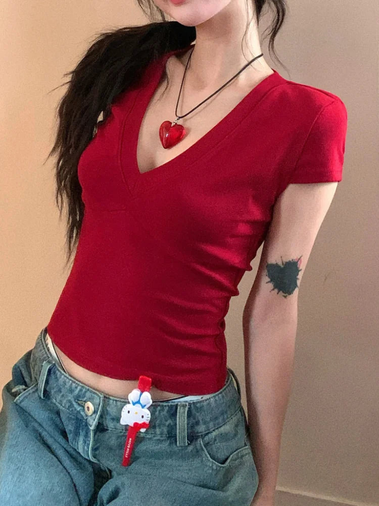V-neck Short Sleeve Tops Casual Women T Shirts Black Summer Skinny Sexy Solid Basic Crop Top Fashion Streetwear