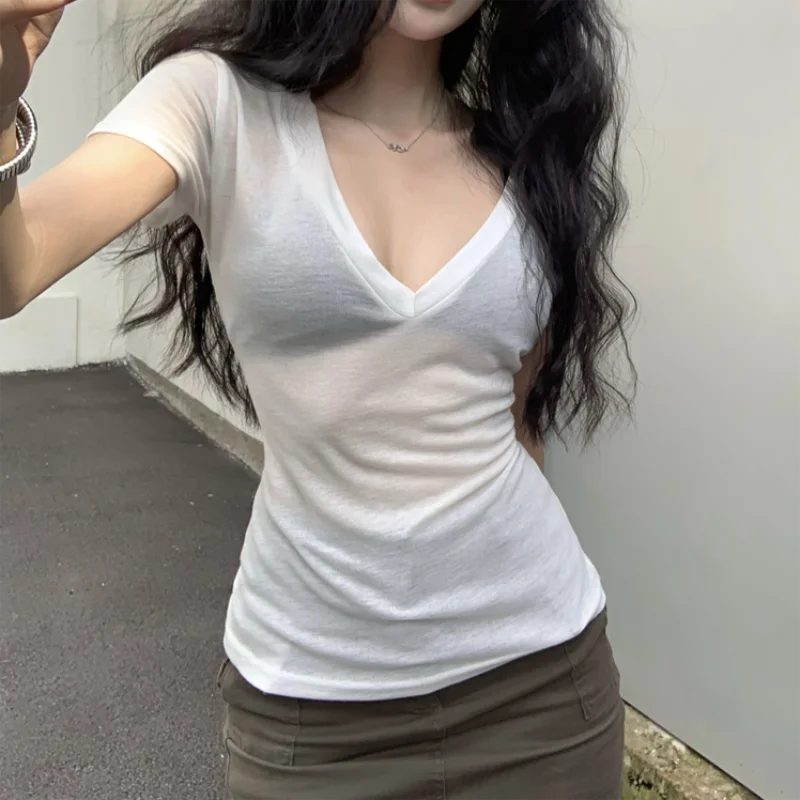 Women Short Sleeves T Shirt See Through Summer Solid Slim Casual Shirts Female Pullovers Basic Tee Y2k Clothes Streetwear Top