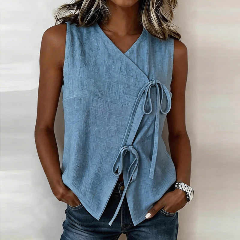 New Fashion Knot Vest Women Tank Tops V Neck Sleeveless Women T-Shirts Blue Loose Tee Tops Summer Casual T Shirt Women Pullovers
