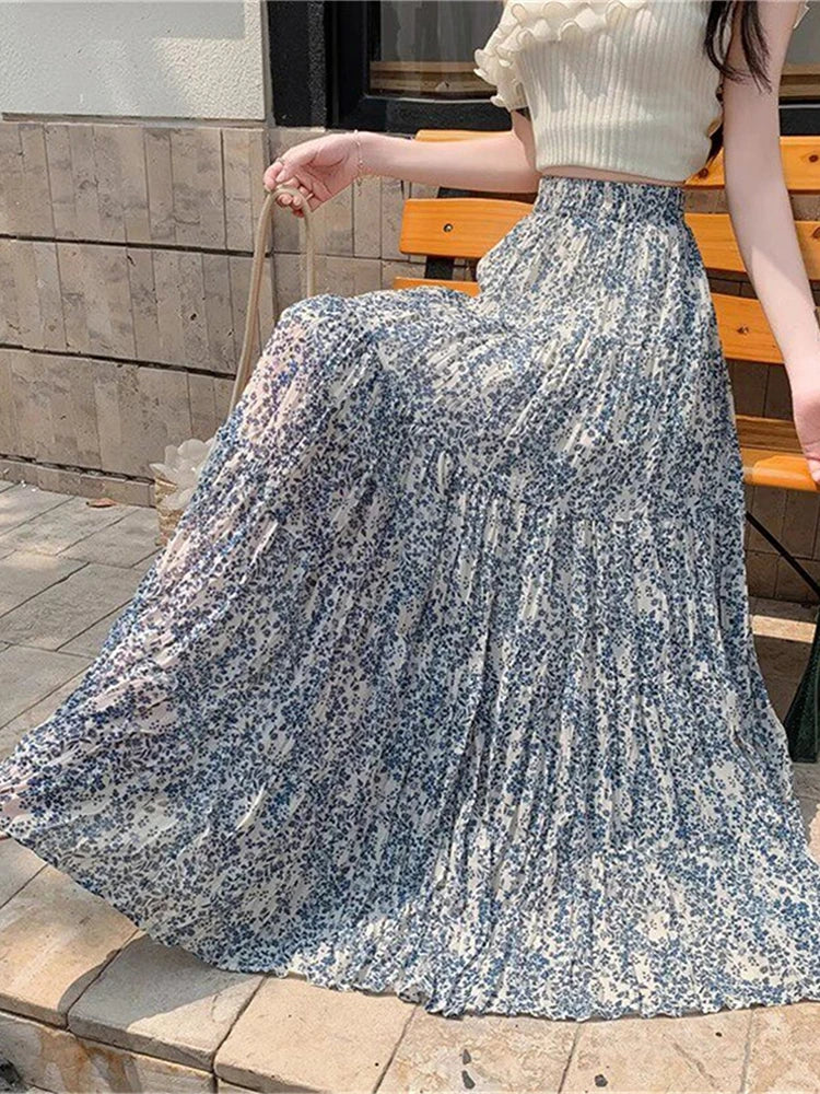 Chiffon Floral Long Skirt Women Elegant Sweet High Waist Fashion Skirts Summer Loose Casual Female Soft Pleated Chic Skirt New