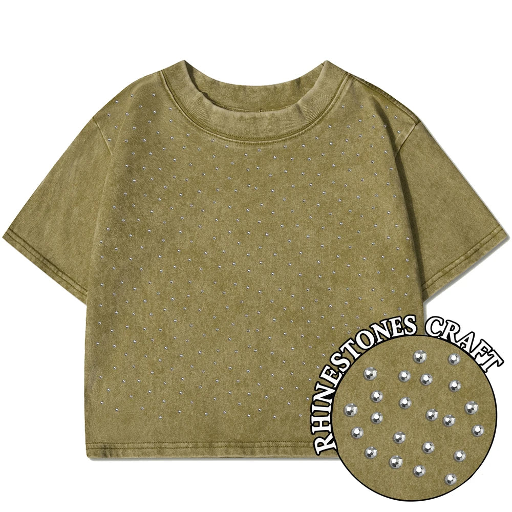 Solid Slim Washed T-Shirt Female Rhinestone Craft Cotton Streetwear Casual Sport Short Sleeve Cool Retro Crop Clothing For Women
