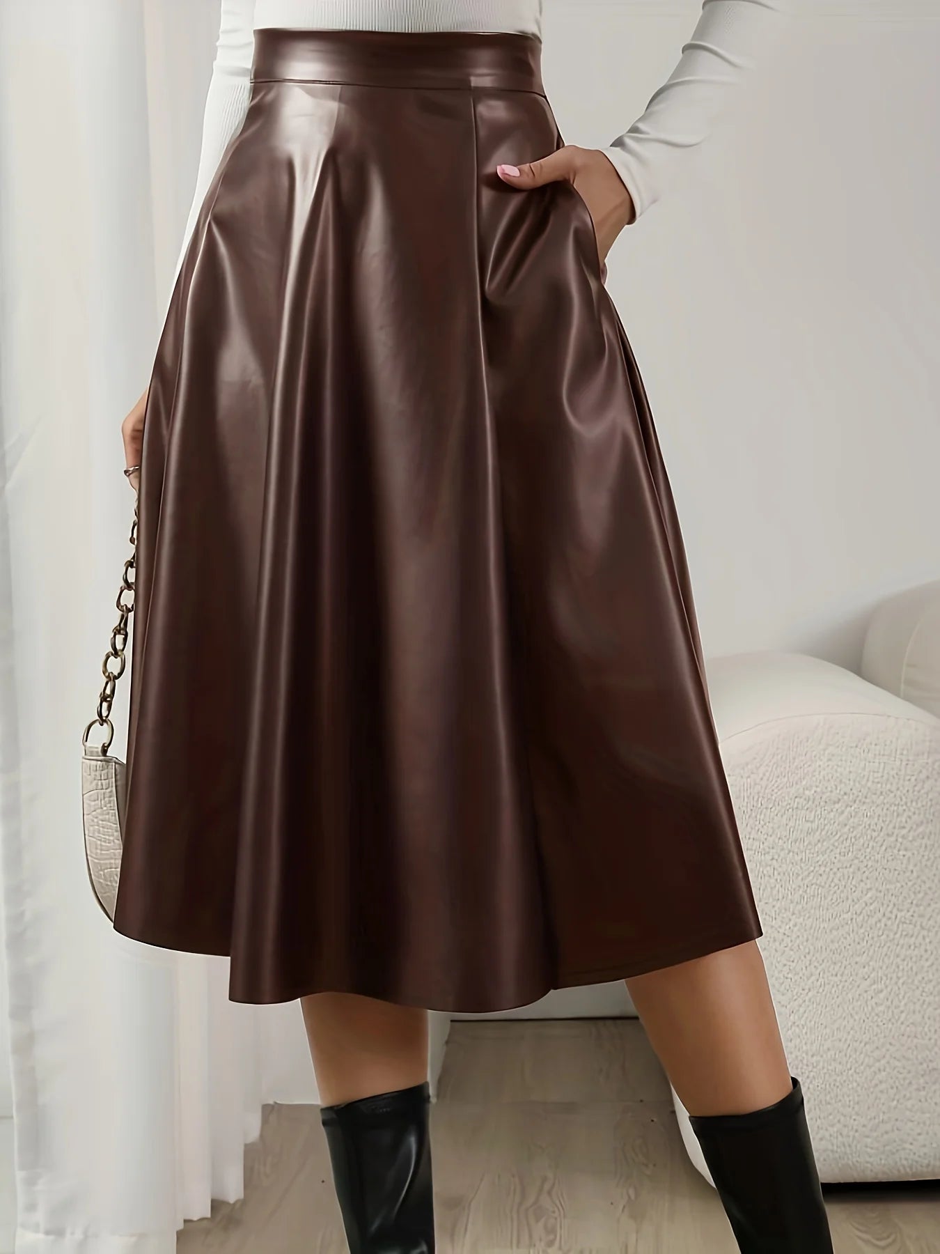 Retro Textured Pu Leather Skirt, High-Waisted A-Line Skirt, Casual and Versatile Women's Clothing