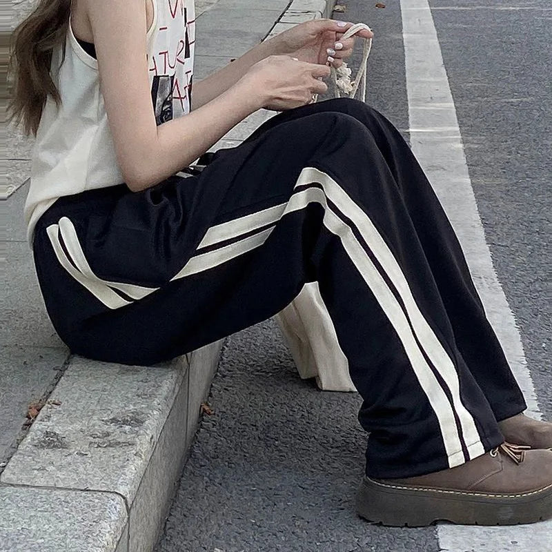 Lady Chic Designer High Waisted Pants Girls Korean Patchwork Baggy Straight Leg Trousers Female Comfortable Daily Pants
