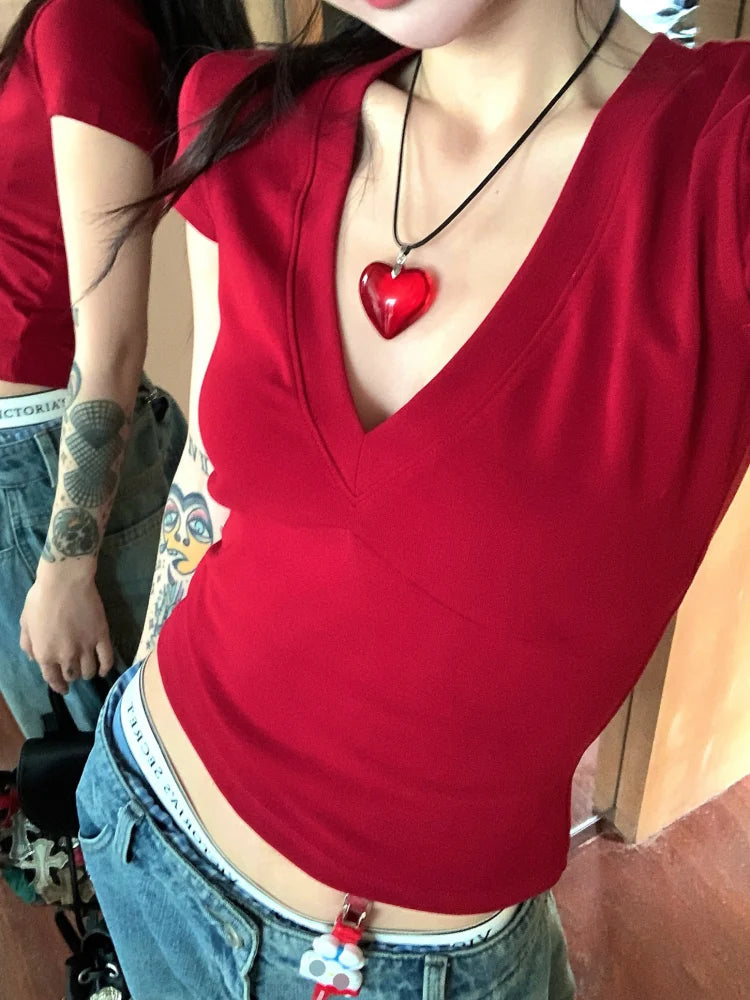 V-neck Short Sleeve Tops Casual Women T Shirts Black Summer Skinny Sexy Solid Basic Crop Top Fashion Streetwear