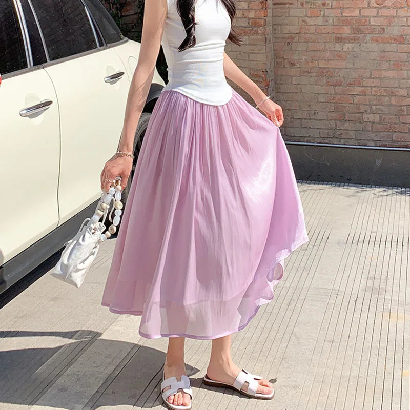 Korean Fashion Women Chiffon Skirt Summer High Waist Loose Ankle-Length Skirt Female Casual All Match A Line Skirts New