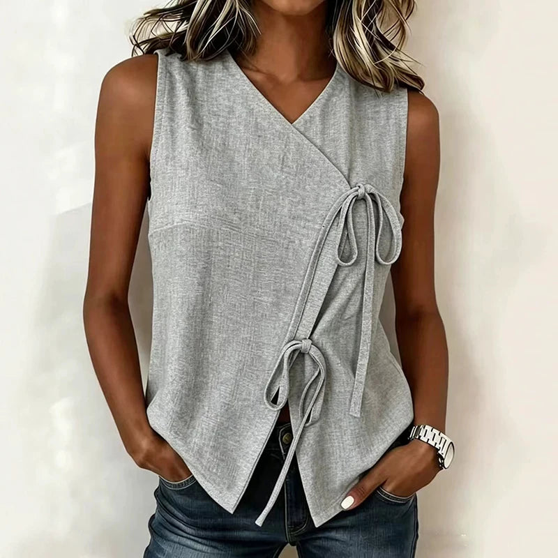 New Fashion Knot Vest Women Tank Tops V Neck Sleeveless Women T-Shirts Blue Loose Tee Tops Summer Casual T Shirt Women Pullovers