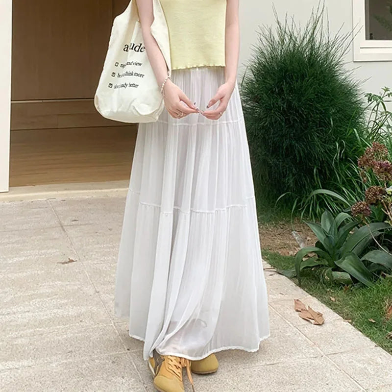 Summer New Purple Chiffon Skirts Women 2026 Streetwear High Waist Slimming Long Skirts Fairy Sheer Spliced A-line Pleated Skirt