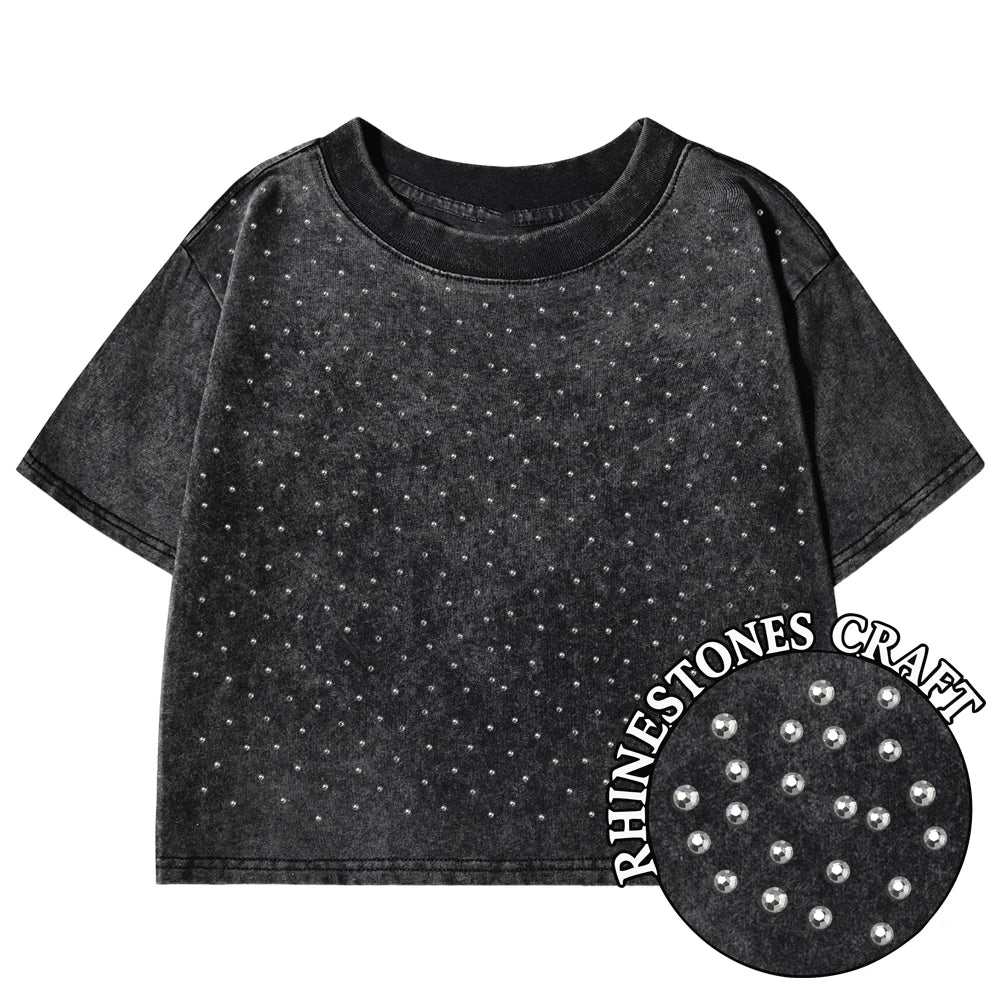 Solid Slim Washed T-Shirt Female Rhinestone Craft Cotton Streetwear Casual Sport Short Sleeve Cool Retro Crop Clothing For Women