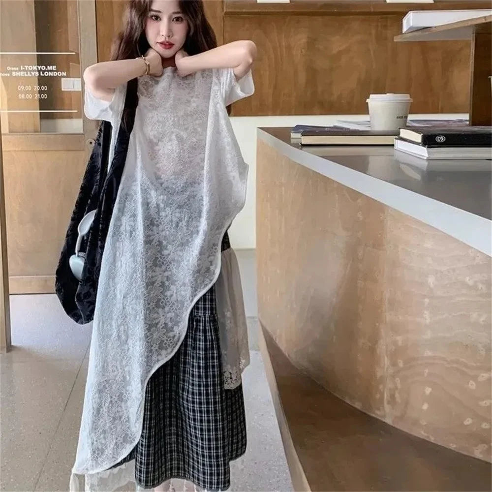 Retro Plaid Pleated Skirt Lace Patchwork Irregular Patchwork Long Skirts Women Students Casual Loose High Waist Sweet Skirts