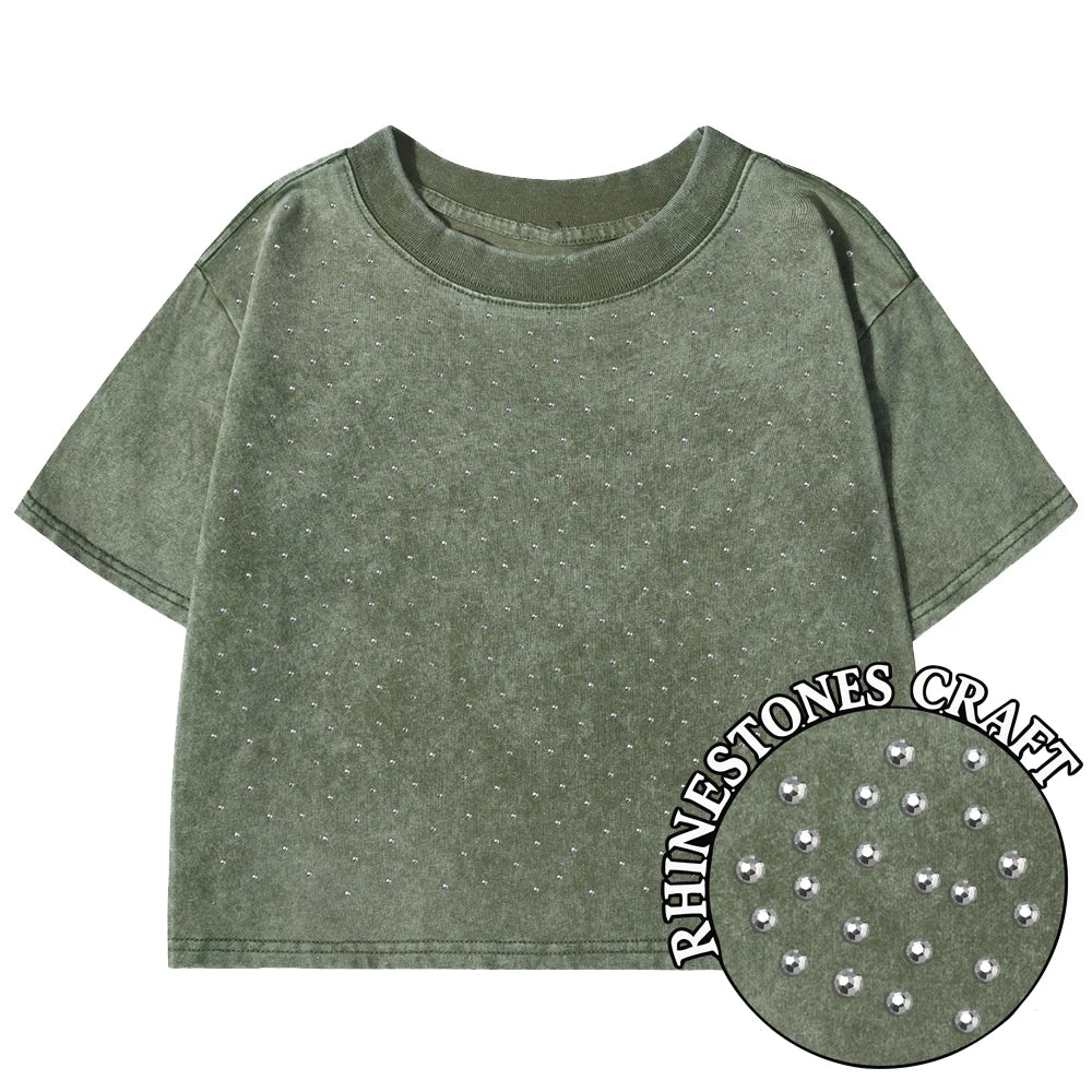 Solid Slim Washed T-Shirt Female Rhinestone Craft Cotton Streetwear Casual Sport Short Sleeve Cool Retro Crop Clothing For Women