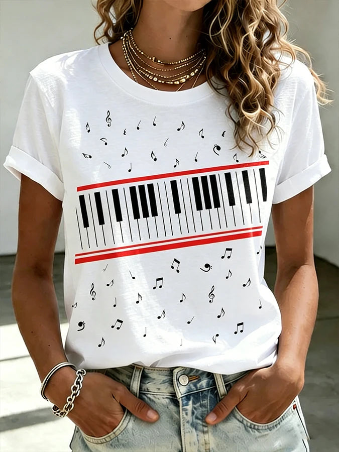 Ilstile Women's Piano Music Notes Print T-Shirts Summer Short S...