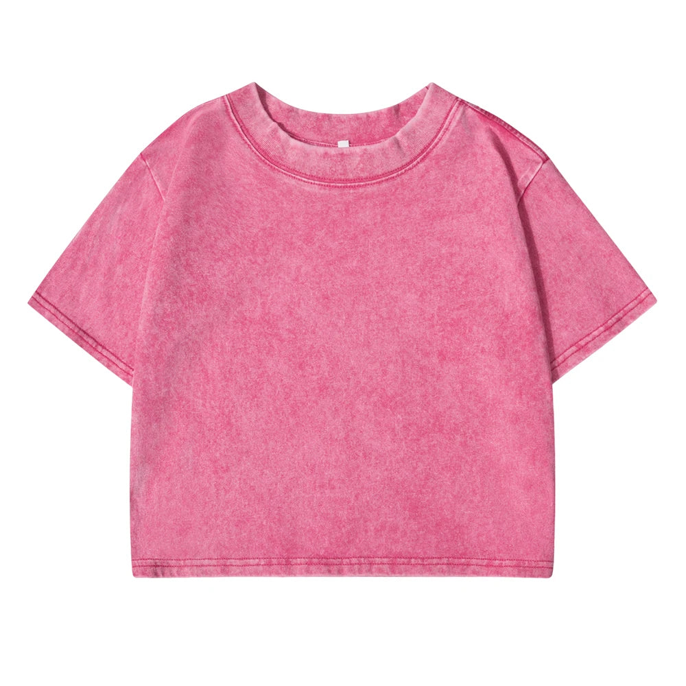 Solid Slim Washed T-Shirt Female Rhinestone Craft Cotton Streetwear Casual Sport Short Sleeve Cool Retro Crop Clothing For Women
