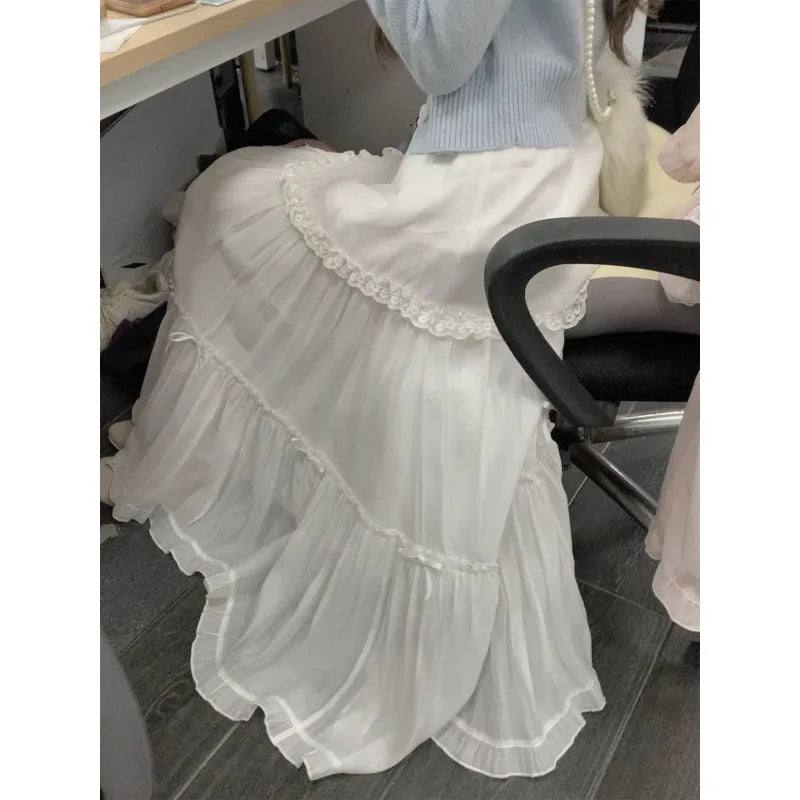 Ezgaga Sweet Skirts Women Bowknot Lace Patchwork Stretch High Waist Spring 2026 Fashion Elegant Long Skirt Female Casual